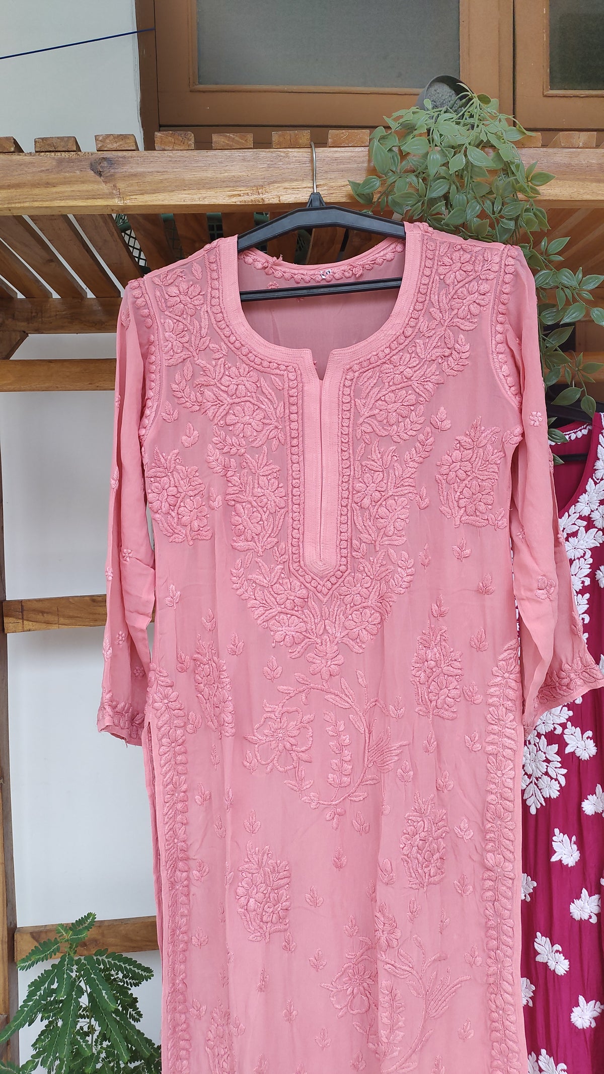 Beautiful LVW Fashions Noor Chikankari premium georgette kurta with intricate front and back designs, handmade Lucknow Chikankari.