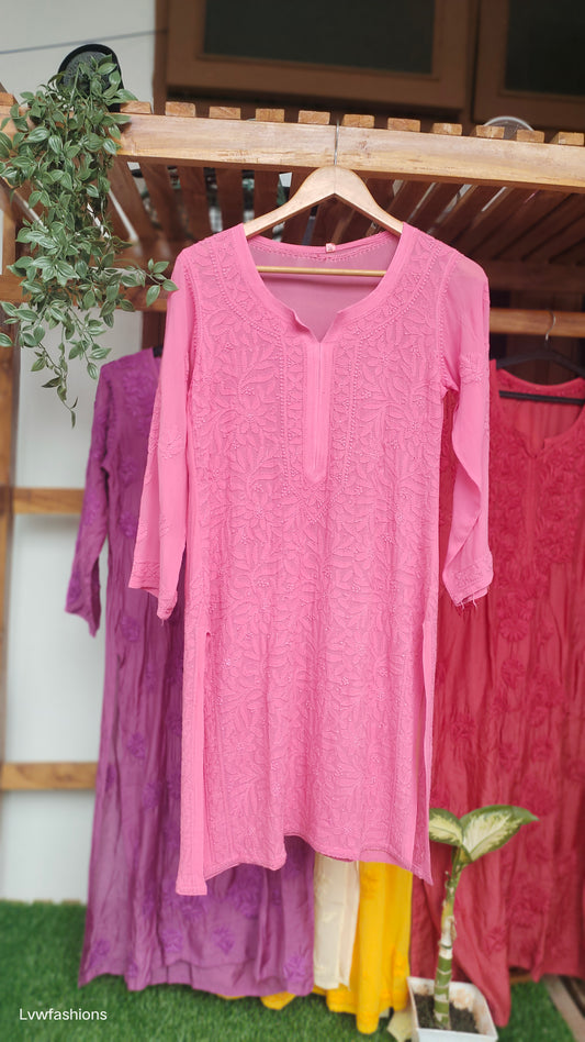 Pinkish Noor premium georgette short Chikankari Kurti by LVW Fashions, featuring intricate handmade Lucknow embroidery.