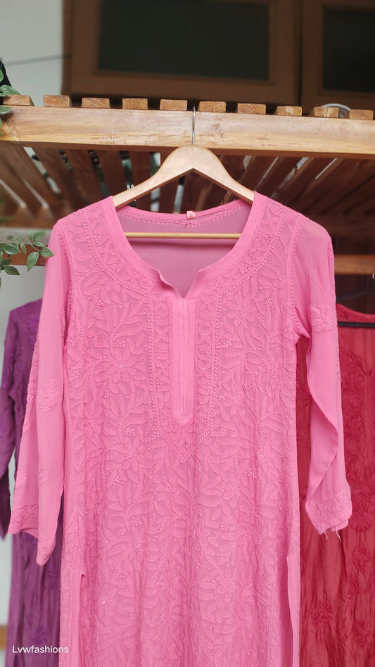 Pinkish Noor premium georgette short Chikankari Kurti by LVW Fashions, showcasing intricate Lucknow embroidery and delicate handwork.