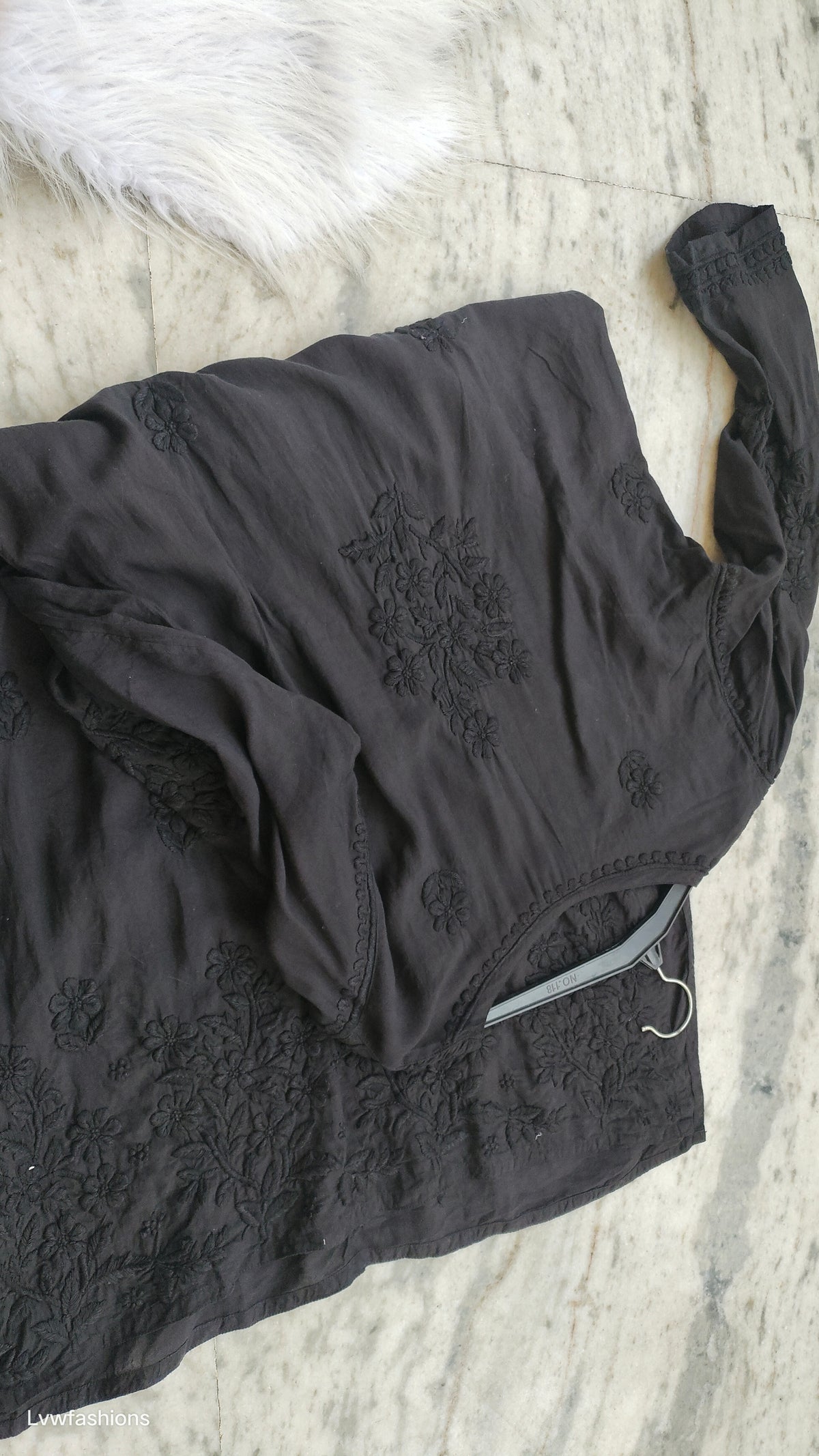Noorani Black Love premium modal cotton long kurta with handmade Lucknow chikankari embroidery by LVW Fashions.