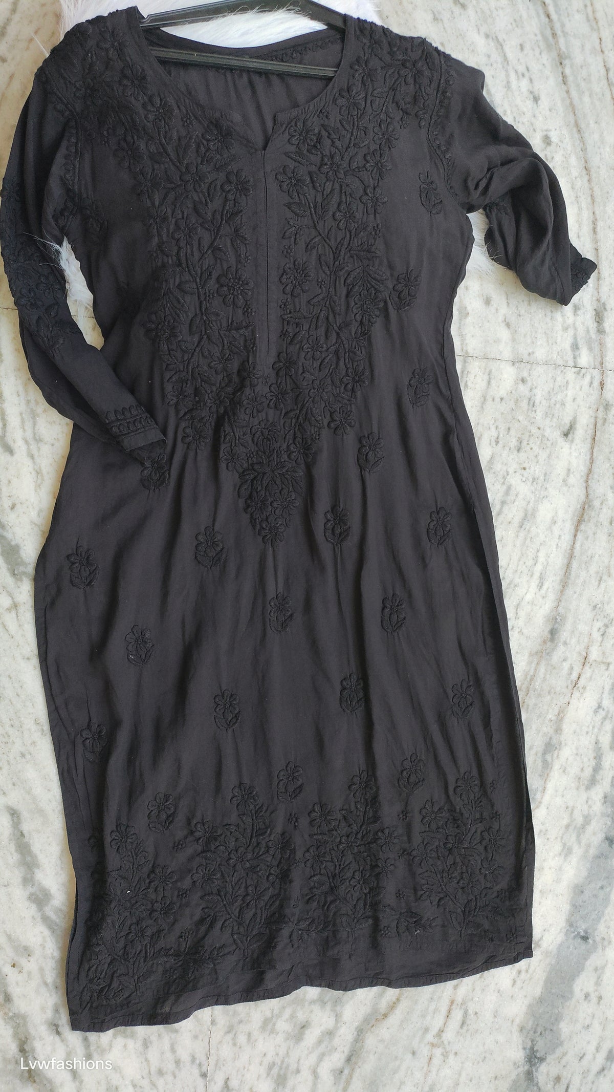 Noorani Black Love premium modal cotton long kurta with handmade Lucknow chikankari embroidery by LVW Fashions.