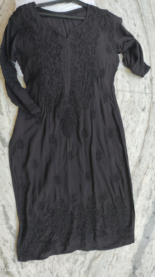 Noorani Black Love premium modal cotton long kurta with handmade Lucknow chikankari embroidery by LVW Fashions.