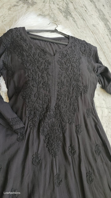 Noorani Black Love premium modal cotton long kurta by LVW Fashions with intricate handmade Lucknow chikankari embroidery.