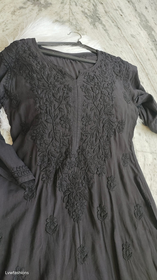 Noorani Black Love premium modal cotton long kurta by LVW Fashions with intricate handmade Lucknow chikankari embroidery.