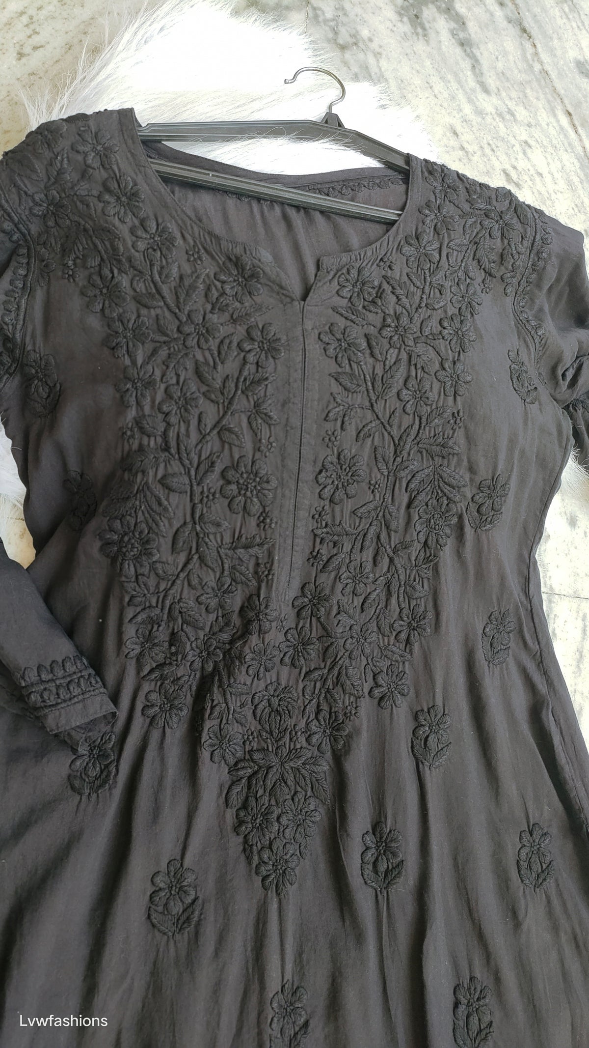 Noorani Black Love premium modal cotton long kurta with intricate Lucknow chikankari embroidery, handmade by LVW Fashions.