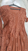 Noorani Brown premium georgette Chikankari Daman Booti Kurta by LVW Fashions, handcrafted Lucknow chikankari with intricate embroidery.