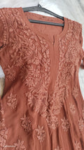 Noorani Brown premium georgette Chikankari daman booti kurta by LVW Fashions, handmade Lucknow chikankari with intricate embroidery.