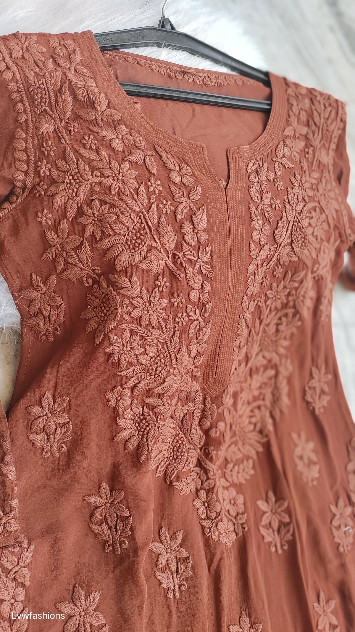 Noorani Brown premium georgette Chikankari daman booti kurta by LVW Fashions, handmade Lucknow chikankari with intricate embroidery.