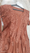 Noorani Brown premium Georgette Chikankari Daman Booti Kurta by LVW Fashions showing intricate handmade Lucknow Chikankari detailing.