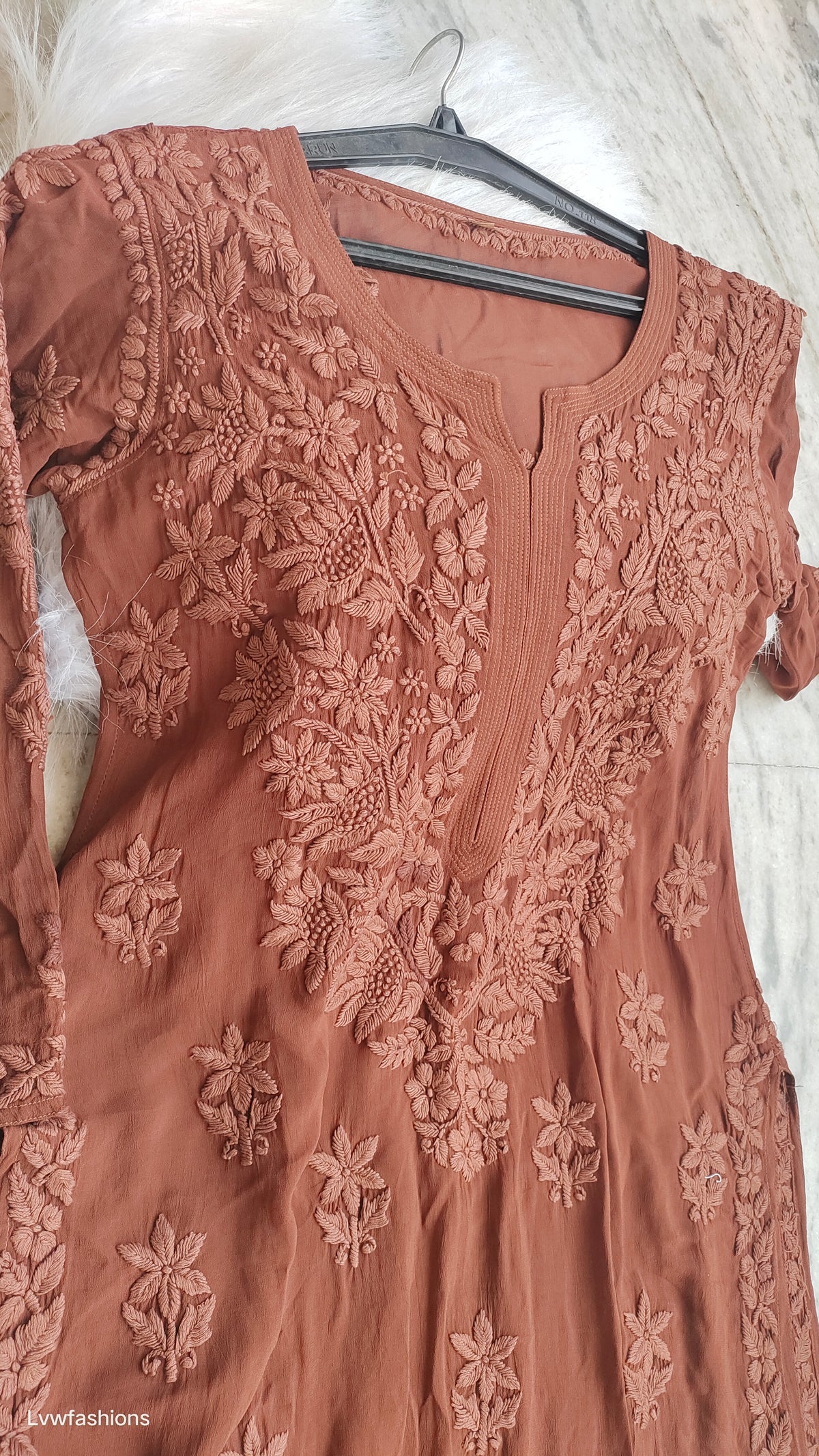 Noorani Brown premium Georgette Chikankari Daman Booti Kurta by LVW Fashions showing intricate handmade Lucknow Chikankari detailing.