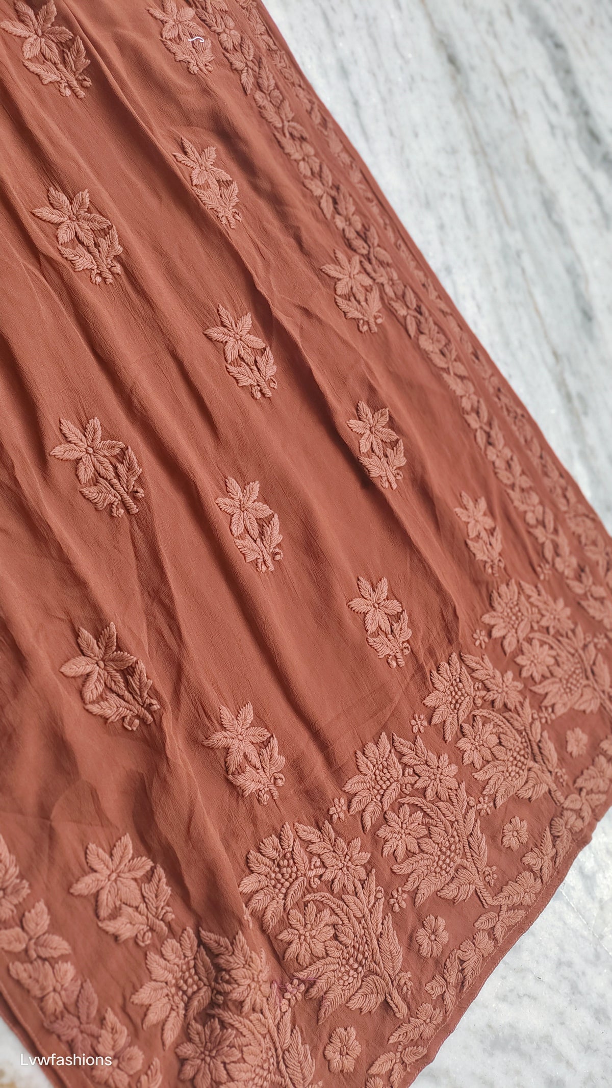 Noorani brown premium georgette Chikankari kurta with delicate daman and bootis, handcrafted in Lucknow by LVW Fashions.