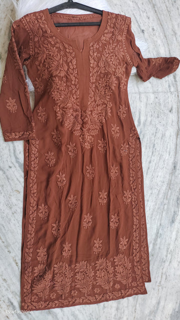 Noorani Brown premium Georgette Chikankari Kurta with Daman Booti design from LVW Fashions, featuring intricate handmade Lucknow Chikankari.