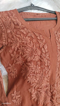 Noorani Brown premium georgette Chikankari Kurta with intricate daman bootis, handcrafted by LVW Fashions in Lucknow Chikankari style.