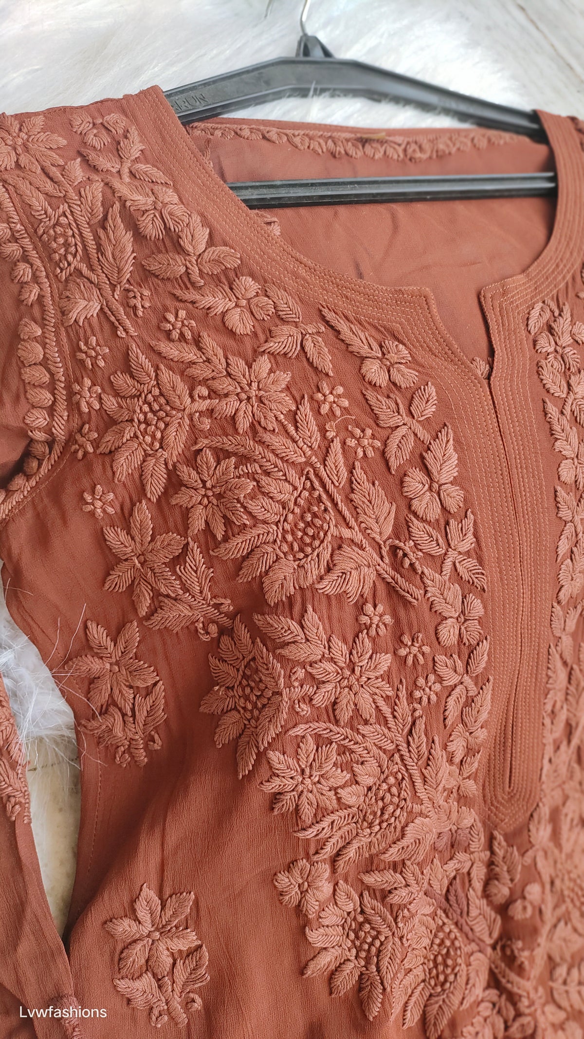Noorani Brown premium georgette Chikankari Kurta with intricate daman bootis, handcrafted by LVW Fashions in Lucknow Chikankari style.