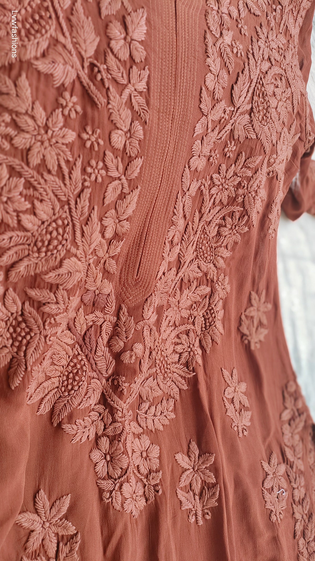 Noorani brown premium georgette Chikankari kurta with intricate daman bootis, handmade Lucknow chikankari by LVW Fashions.