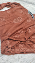 Noorani Brown premium georgette Chikankari daman booti kurta by LVW Fashions, handmade Lucknow Chikankari, short-sleeve, elegant design.