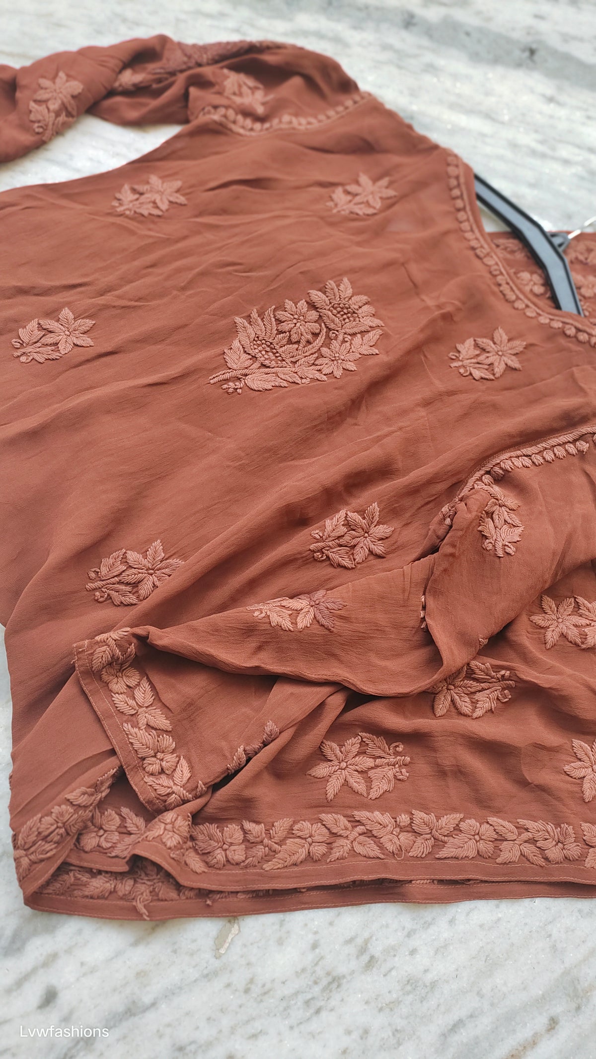 Noorani Brown premium georgette Chikankari daman booti kurta by LVW Fashions, handmade Lucknow Chikankari, short-sleeve, elegant design.