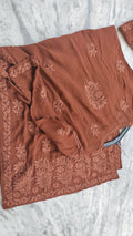 Noorani Brown premium georgette Chikankari Kurta with intricate daman booti embroidery, handmade in Lucknow by LVW Fashions.