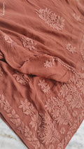Noorani Brown premium georgette chikankari kurta with intricate daman bootis, handmade Lucknow chikankari by LVW Fashions.