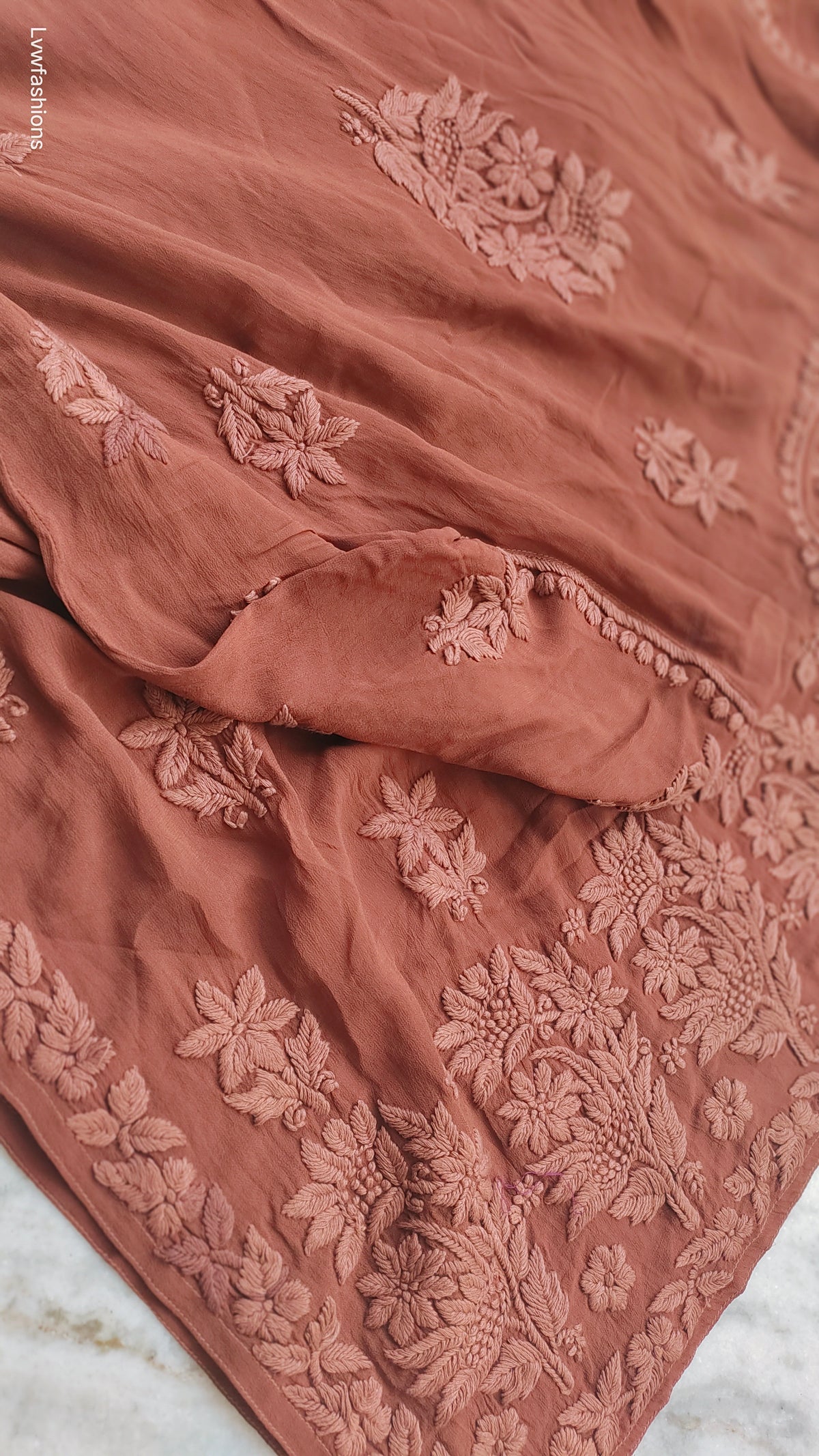 Noorani Brown premium georgette chikankari kurta with intricate daman bootis, handmade Lucknow chikankari by LVW Fashions.