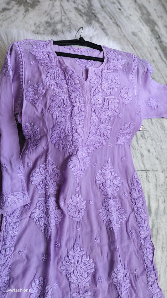 Noorani Lavender premium silk Chikankari Kurta by LVW Fashions, handcrafted Lucknow Chikankari with intricate embroidery.