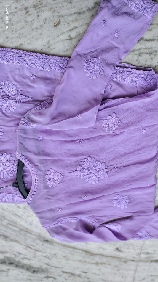 Lavender silk Chikankari kurta by LVW Fashions featuring intricate handmade Lucknow embroidery.