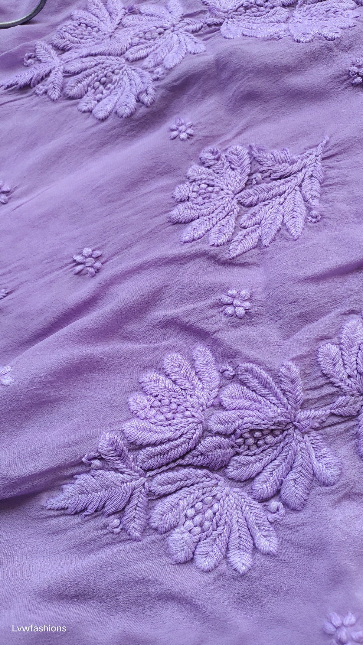 Noorani Lavender premium silk Chikankari Kurta by LVW Fashions, handmade Lucknow Chikankari, showcasing intricate embroidery and elegant design.