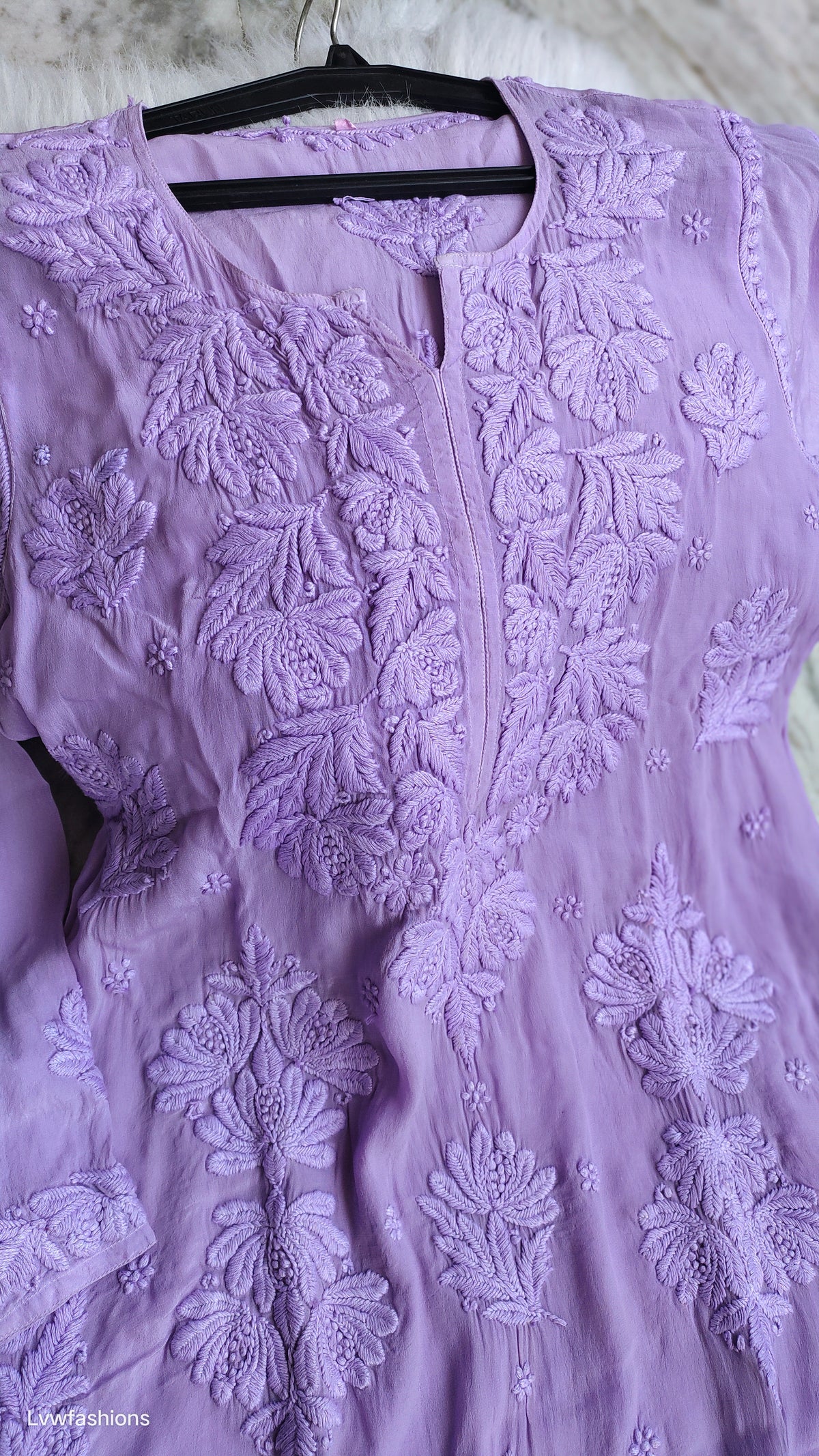 Noorani Lavender premium silk Chikankari Kurta by LVW Fashions featuring intricate handmade Lucknow embroidery.