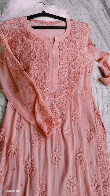 Noorani Peach premium georgette Chikankari kurta by LVW Fashions, handmade with intricate Lucknow Chikankari embroidery.