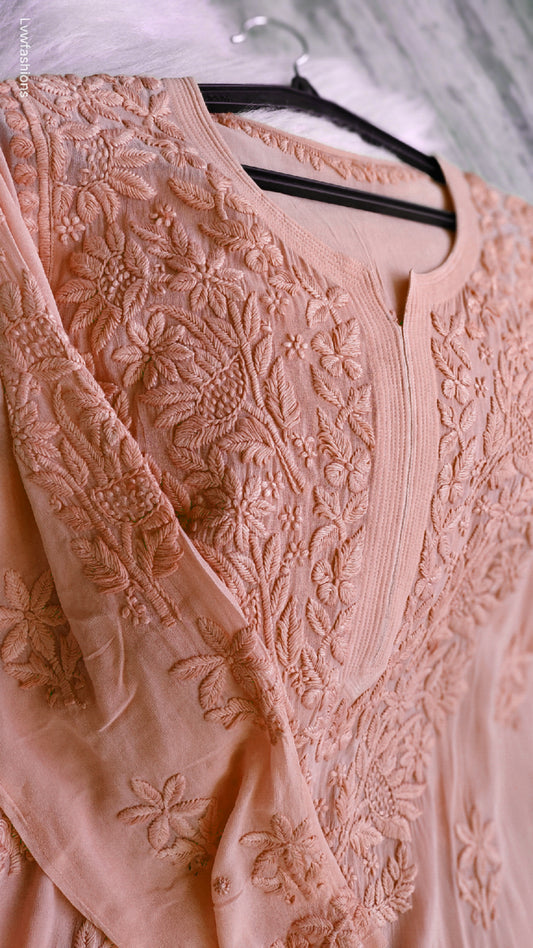 Noorani Peach premium georgette Chikankari kurta by LVW Fashions, handmade Lucknow chikankari with intricate embroidery.