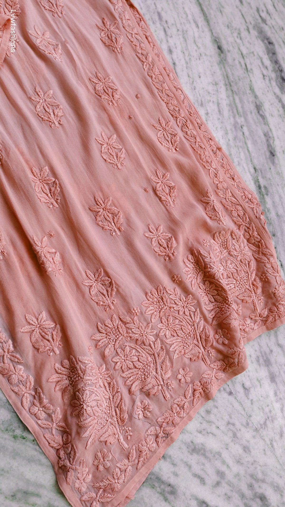 Noorani Peach premium georgette chikankari kurta by LVW Fashions, handmade Lucknow chikankari with intricate embroidery.