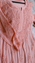 Noorani Peach premium georgette Chikankari Kurta by LVW Fashions, handcrafted Lucknow embroidery, with intricate white chikankari details.
