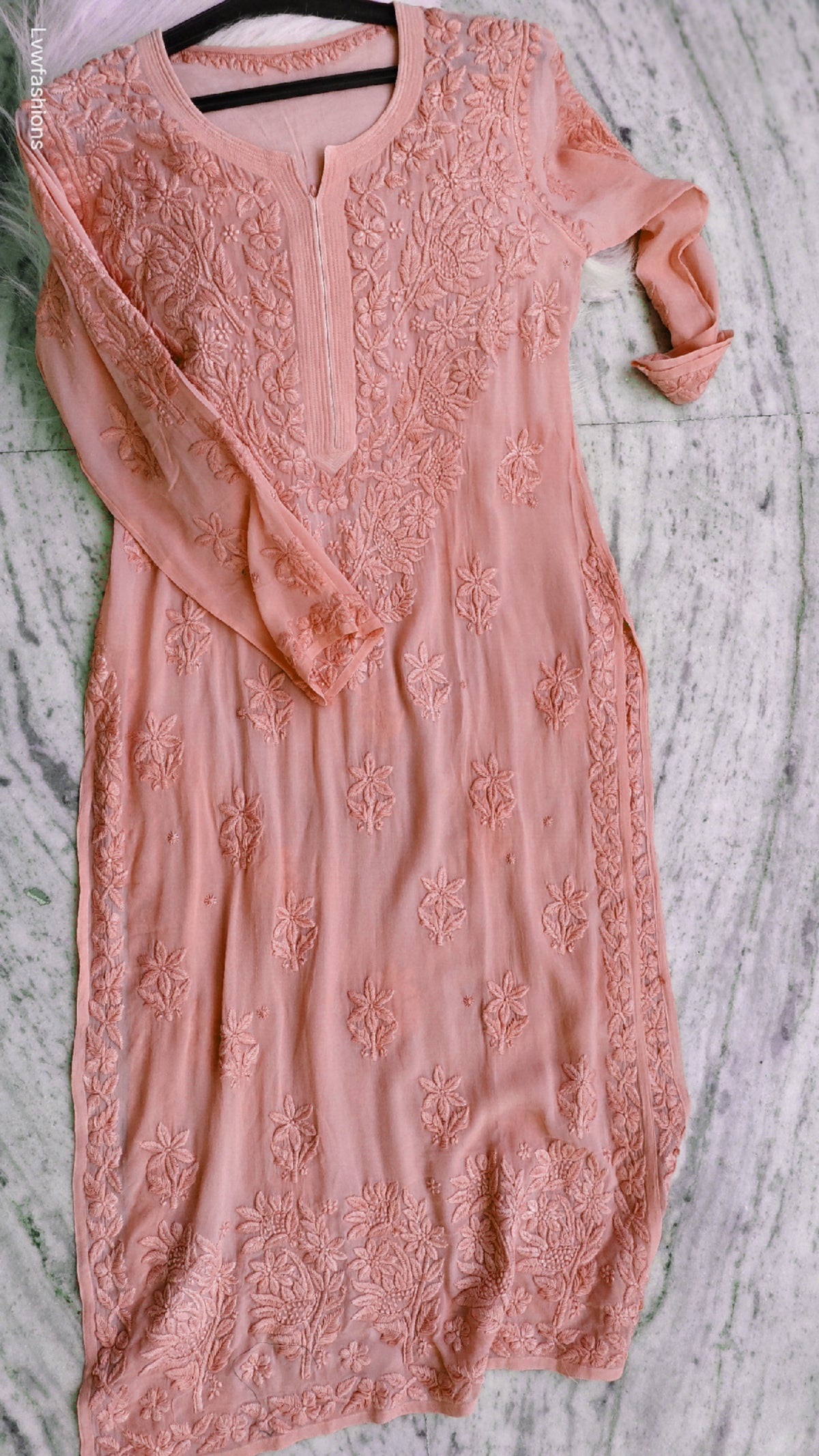 Noorani Peach Premium Georgette Chikankari Kurta by LVW Fashions, handmade Lucknow Chikankari with intricate embroidery.
