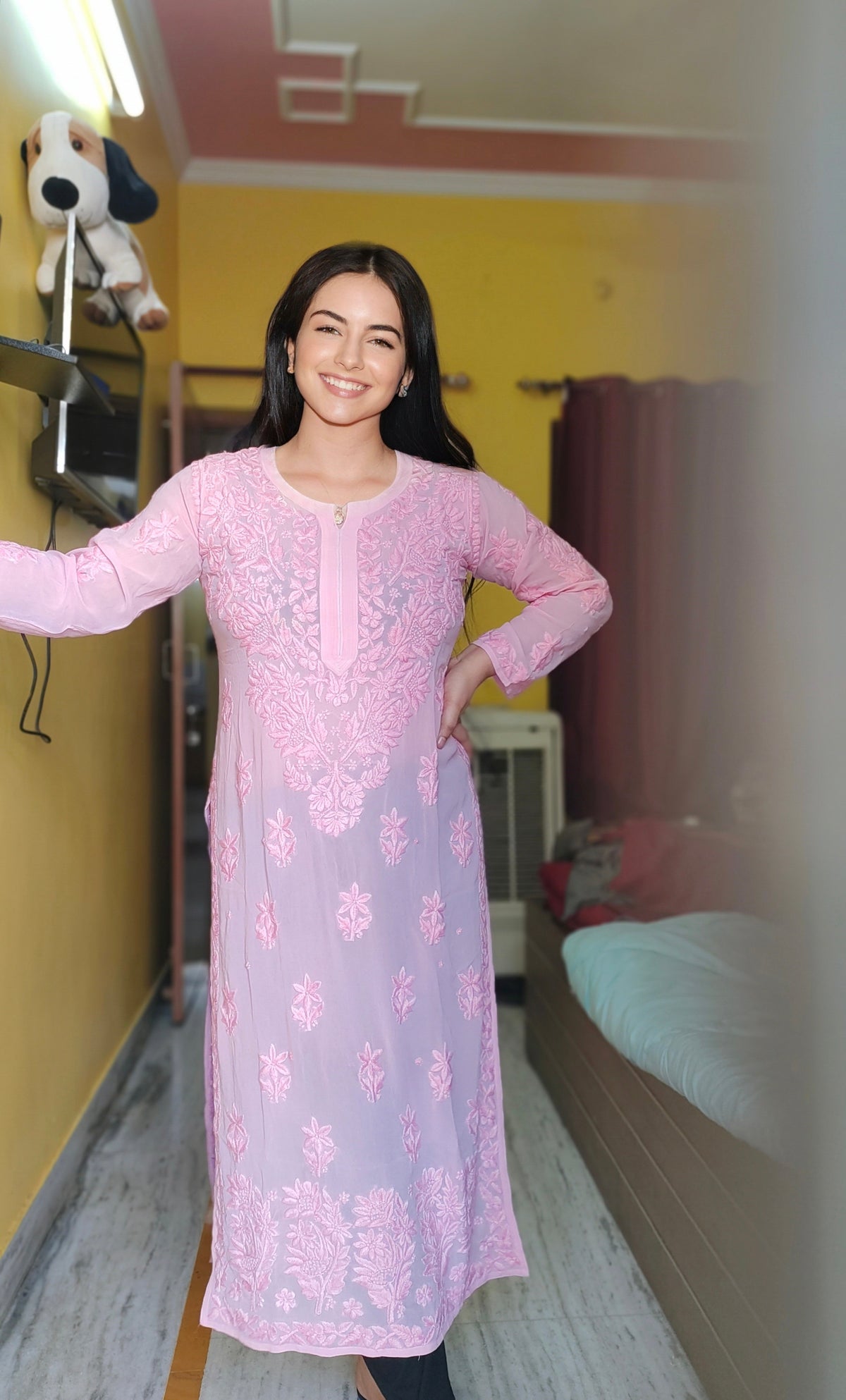 Pinkish Noorani premium georgette Chikankari kurta with neck daman, handmade in Lucknow by LVW Fashions, featuring intricate embroidery.