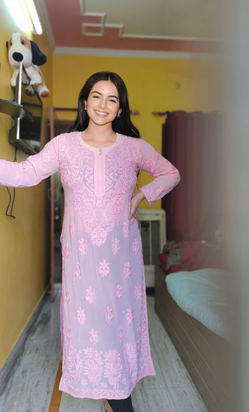 Pinkish Noorani premium georgette Chikankari kurta with neck daman, handmade in Lucknow by LVW Fashions, featuring intricate embroidery.
