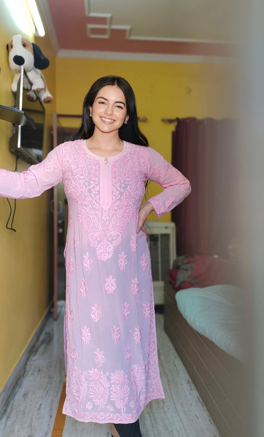 Pinkish Noorani premium georgette Chikankari kurta with neck daman, handmade in Lucknow by LVW Fashions, featuring intricate embroidery.