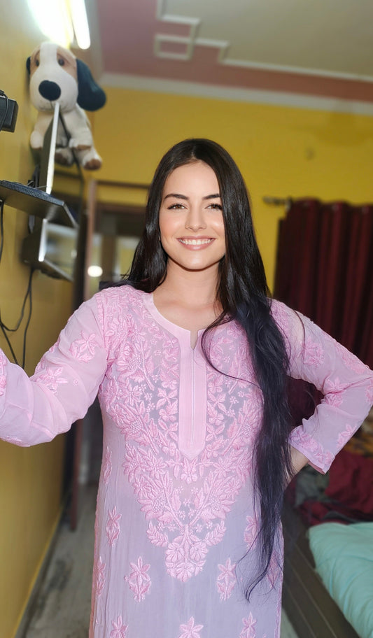 Pinkish premium georgette Noorani Kurta with intricate Lucknow chikankari embroidery and neck daman, handcrafted by LVW Fashions.