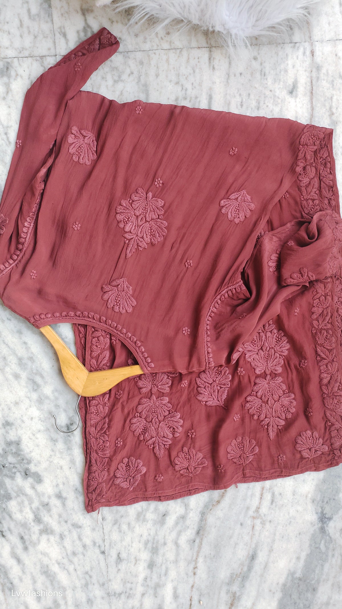 Noorani premium silk Chikankari Kurta by LVW Fashions featuring luxurious embroidery and handmade Lucknow Chikankari design.