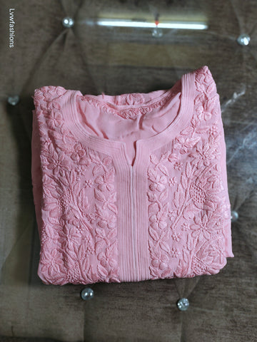 Lightweight Powder Pink Georgette Chikankari Kurta by LVW Fashions, handmade in Lucknow, featuring intricate embroidery.