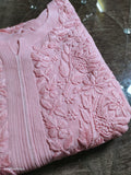 Lightweight Powder Pink Georgette Chikankari Kurta by LVW Fashions, handmade in Lucknow with intricate embroidery.