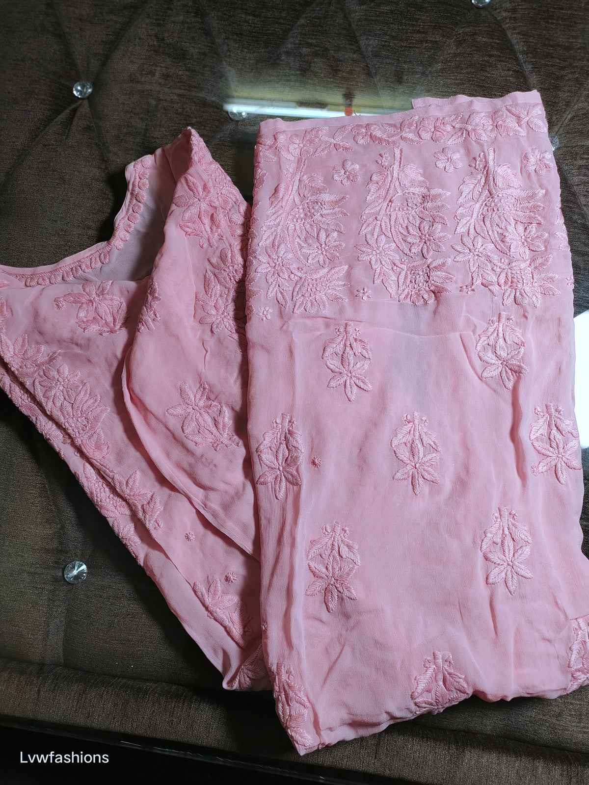 Lightweight Powder Pink Georgette Chikankari Kurta by LVW Fashions, handmade Lucknow premium craftsmanship, perfect for elegant traditional wear.