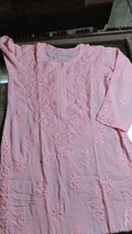 Lightweight Powder Pink Georgette Kurta with intricate Chikankari embroidery by LVW Fashions, handmade in Lucknow.