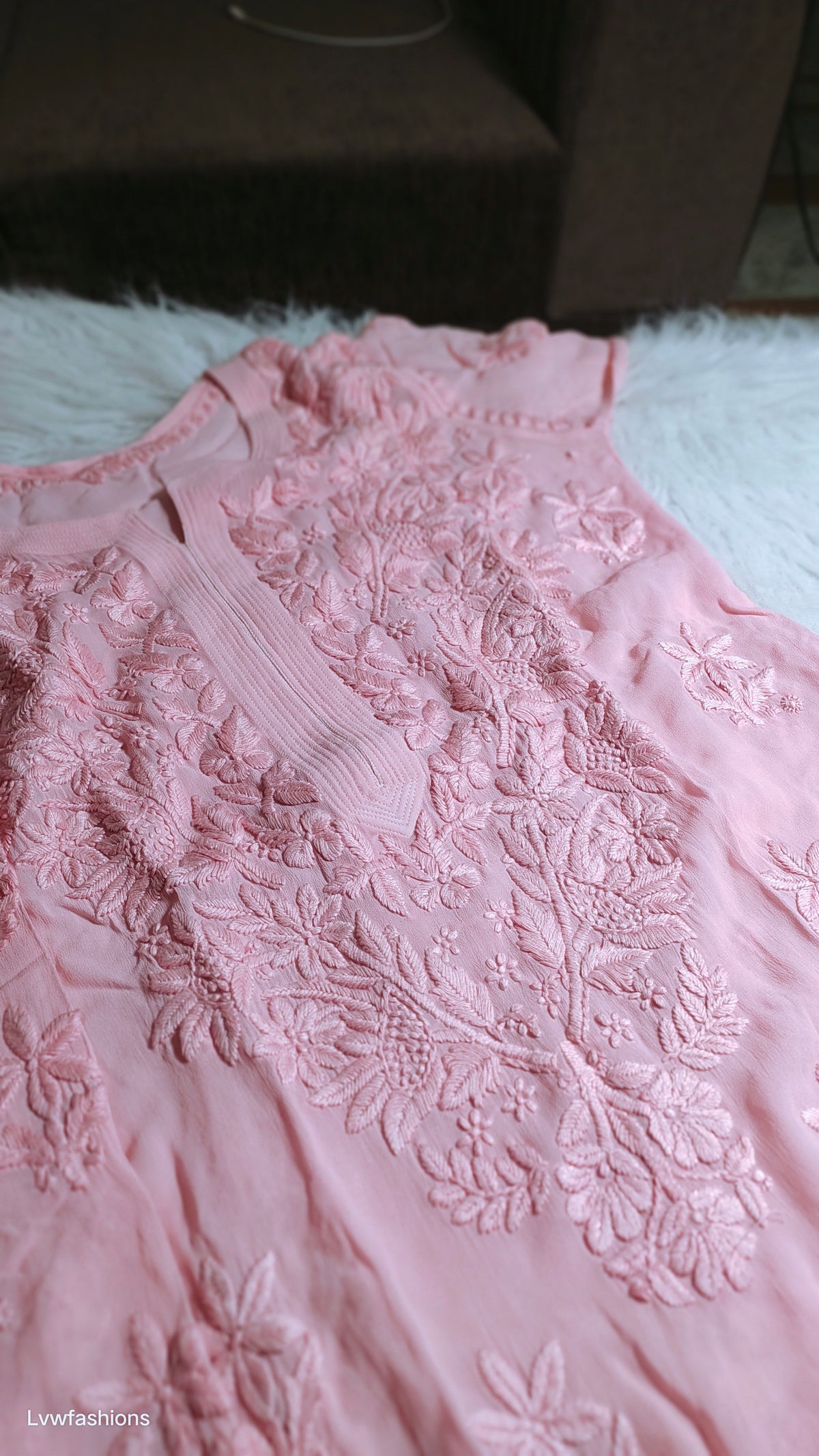 Lightweight Powder Pink Georgette Chikankari Kurta by LVW Fashions, handmade Lucknow chikankari with intricate embroidery.