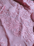 Lightweight Powder Pink Georgette Chikankari Kurta by LVW Fashions, handmade in Lucknow with intricate embroidery.