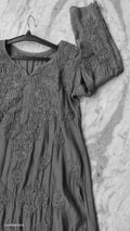 Noori Black Premium Silk Chikankari Long Kurta by LVW Fashions, handmade Lucknow Chikankari with intricate embroidery.