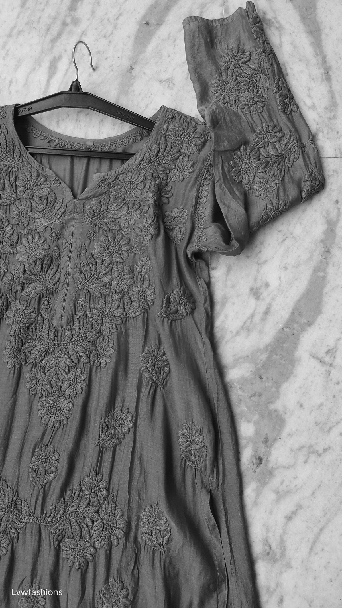 Noori Black Premium Silk Chikankari Long Kurta by LVW Fashions, handmade Lucknow Chikankari with intricate embroidery.