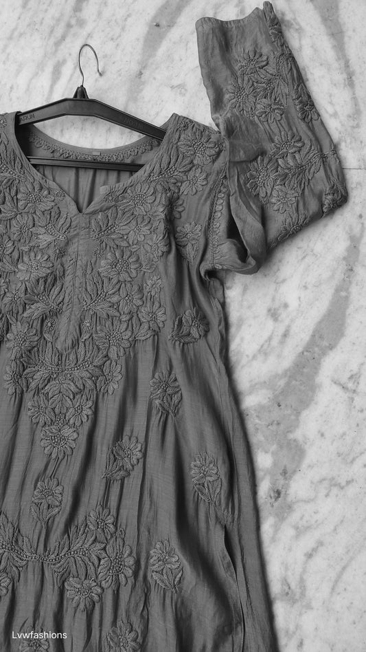 Noori Black Premium Silk Chikankari Long Kurta by LVW Fashions, handmade Lucknow Chikankari with intricate embroidery.