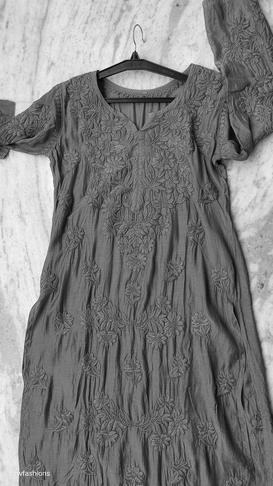 Noori black premium silk Chikankari long kurta by LVW Fashions featuring intricate handmade Lucknow embroidery.