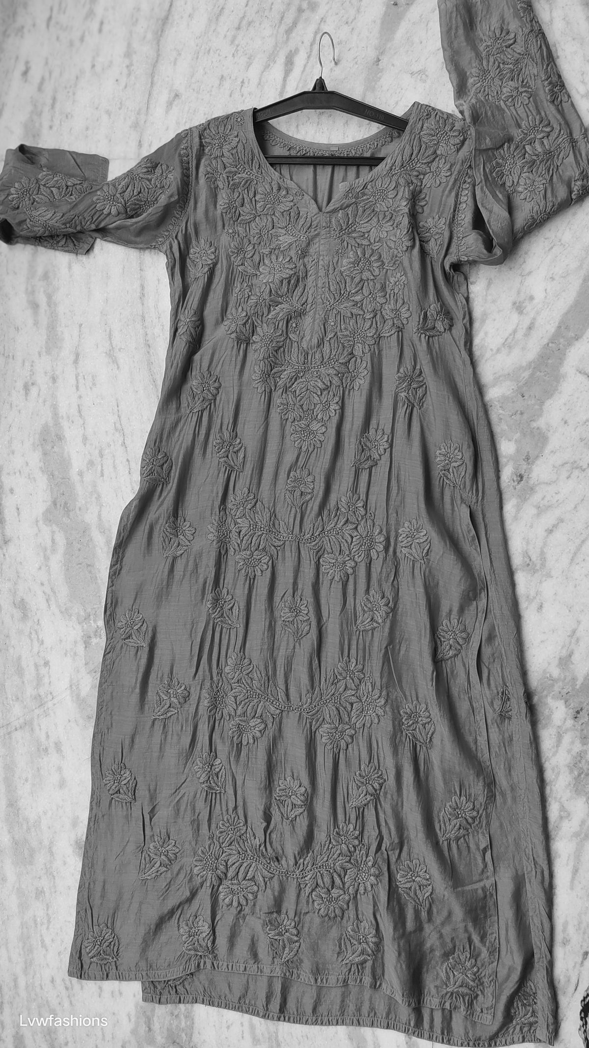 Noori Black Premium Silk Chikankari Long Kurta by LVW Fashions featuring intricate Lucknow Chikankari embroidery.