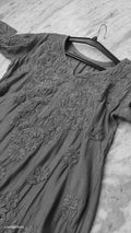 Noori Black Premium Silk Chikankari Long Kurta by LVW Fashions featuring intricate handmade Lucknow Chikankari embroidery.